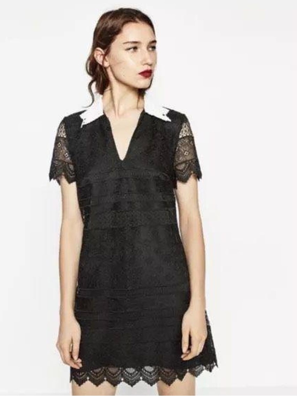 Zara Black Lace Mini Dress with White Collar